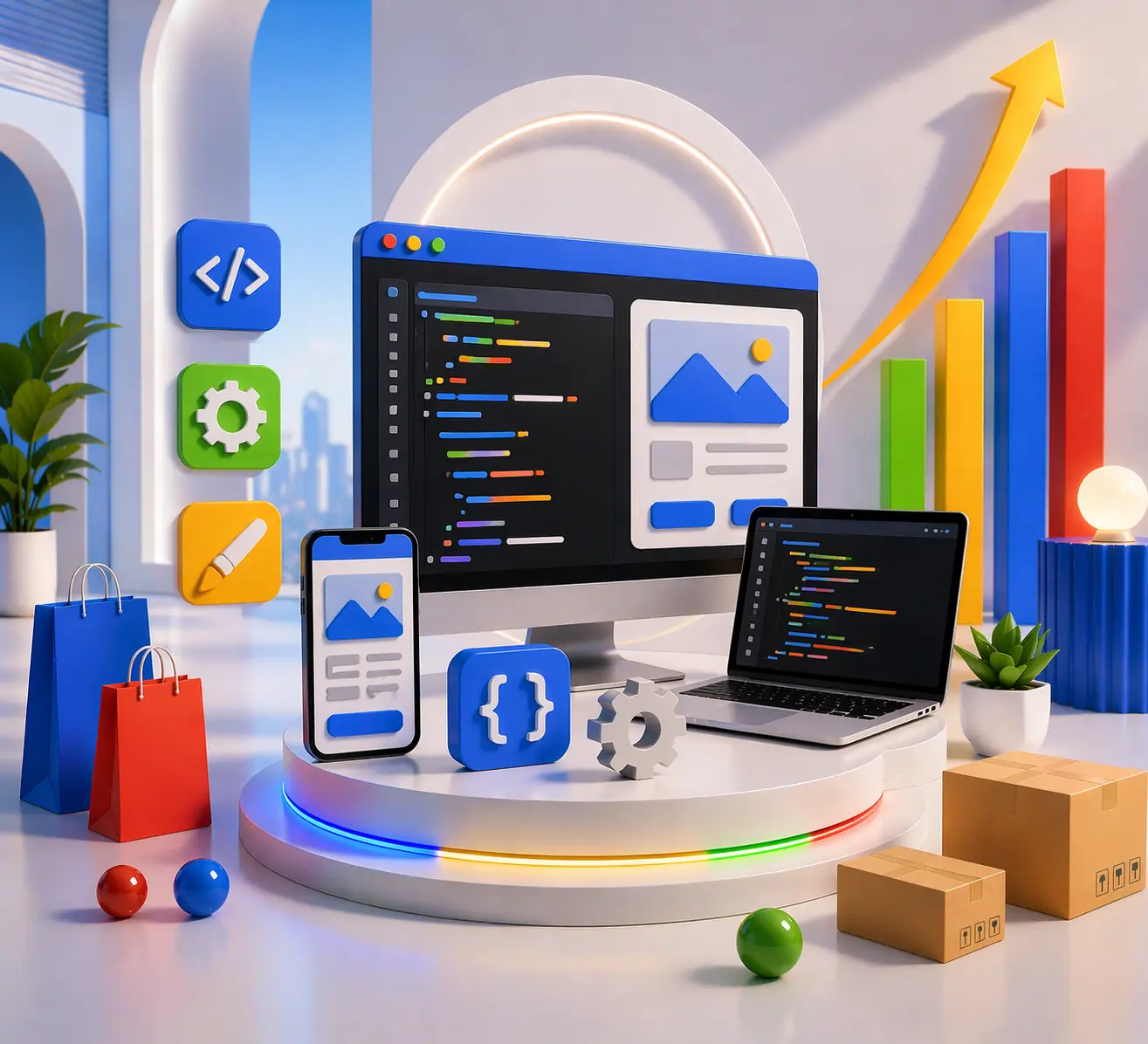 custom web development services with responsive website design coding interface and performance growth chart