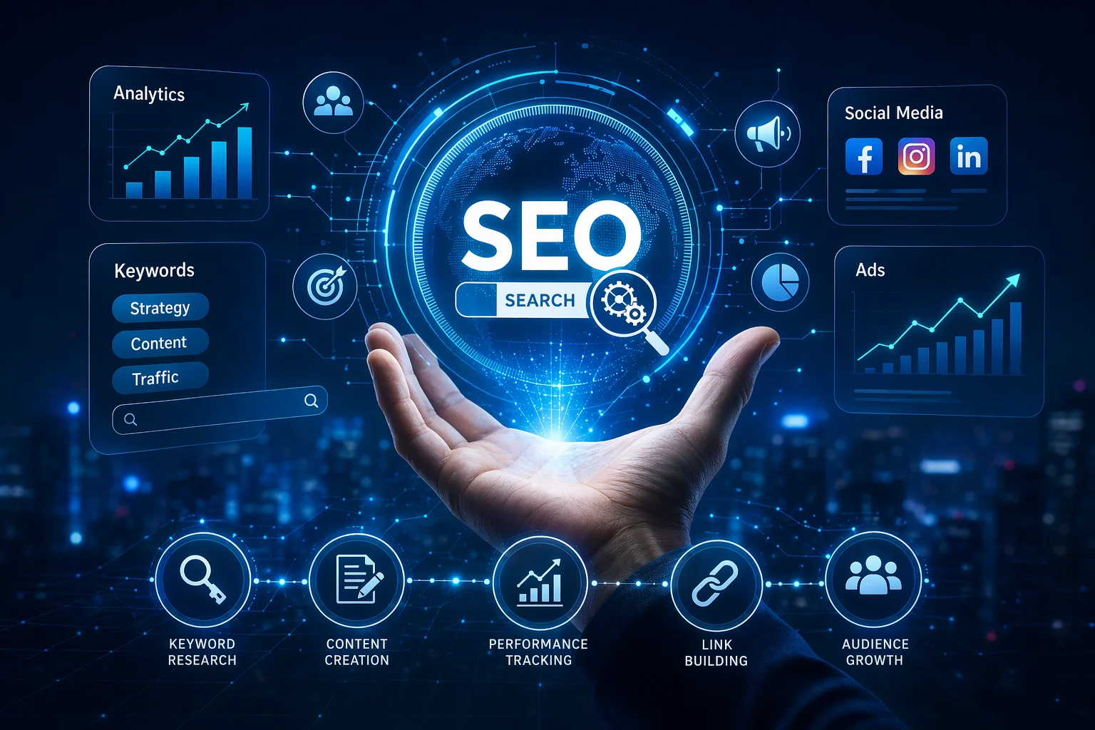 digital marketing seo services dashboard with keyword research analytics link building and organic traffic growth