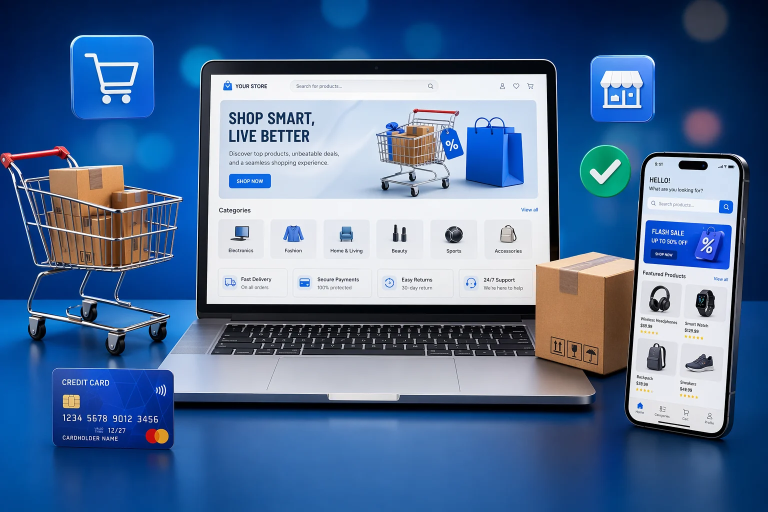 ecommerce development services online store website with shopping cart mobile app and secure payment integration