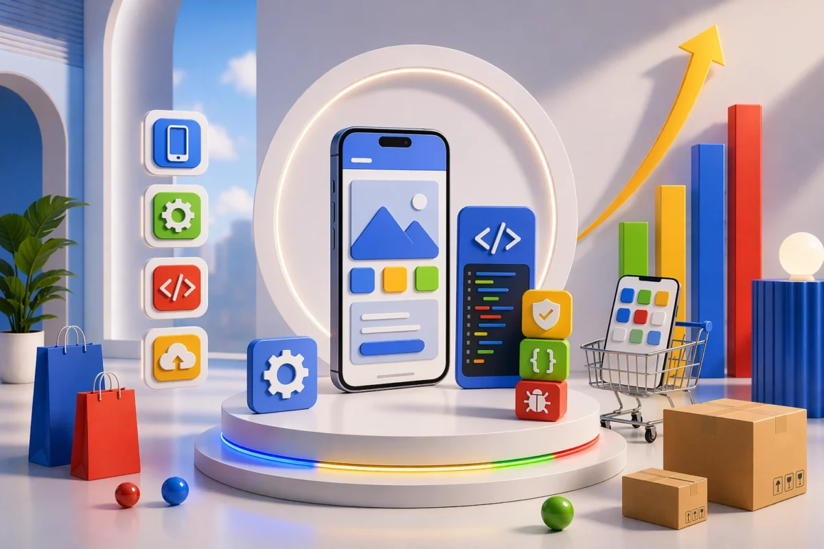 obile app development services interface with smartphone UI design coding elements and performance growth chart