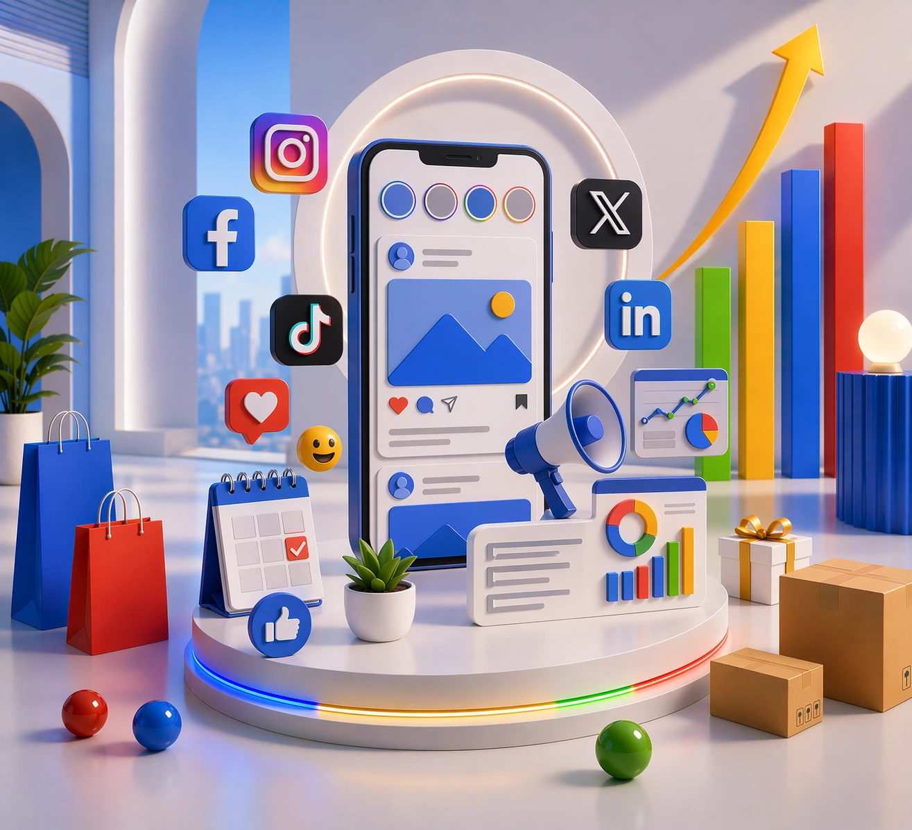 social media management services mobile interface with social platforms engagement analytics and content strategy