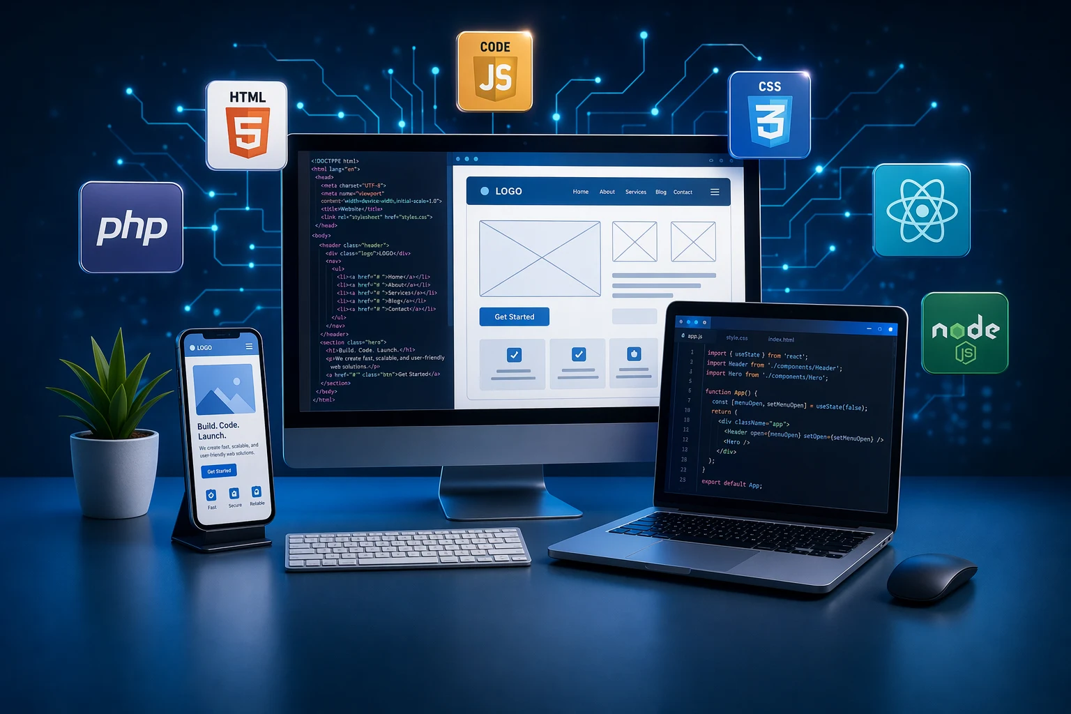 web development services with responsive website design coding interface html css javascript and backend development