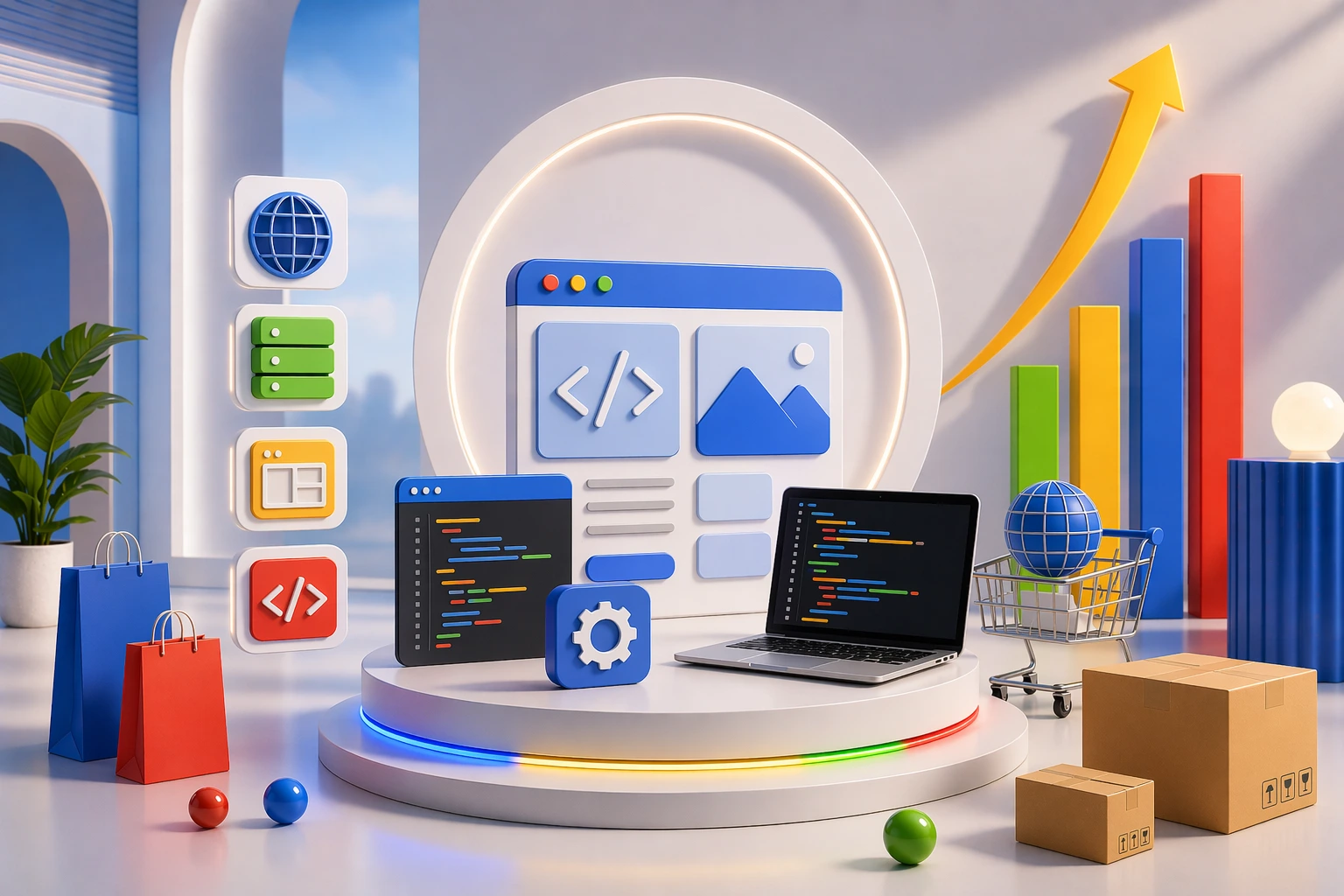 website development services responsive design interface with coding elements and business growth chart